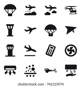 16 vector icon set : parachute, weather management, journey, airport tower, deltaplane, arrival, inflatable mattress, cooler fan, air conditioning, blower, hand dryer