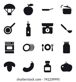 16 vector icon set : parachute, pan, steam pan, kitchen scales, ladle, mushroom, eggplant, pills bottle, tomato