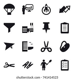 16 vector icon set : parachute, presentation, rocket, up down arrow, funnel, mall, deltaplane, hotel, scissors, clothespin, woman with pipidaster, clipboard list