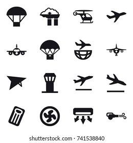 16 vector icon set : parachute, factory filter, plane, deltaplane, airport tower, departure, arrival, inflatable mattress, cooler fan, air conditioning, blower