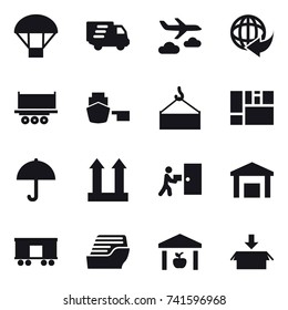 16 vector icon set : parachute, delivery, journey, cruise ship, warehouse, package