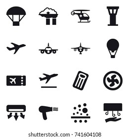 16 vector icon set : parachute, factory filter, airport tower, plane, air ballon, ticket, departure, inflatable mattress, cooler fan, air conditioning, hair dryer, hand dryer