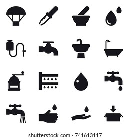 16 vector icon set : parachute, water tap, bath, hand mill, watering, drop, hand drop, hand and drop, package