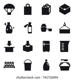 16 vector icon set : parachute, shopping bag, box, cleanser, fridge, measuring cup, bucket, washing powder