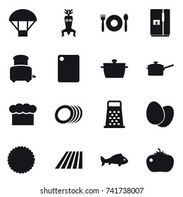 16 vector icon set : parachute, dna modify, cafe, fridge, toaster, cutting board, pan, saute pan, chef  hat, field, fish, tomato