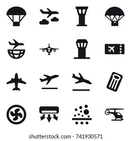 16 vector icon set : parachute, journey, airport tower, plane, ticket, airplane, departure, arrival, inflatable mattress, cooler fan, air conditioning