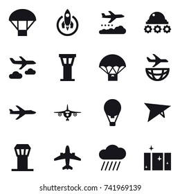 16 vector icon set : parachute, rocket, weather management, lunar rover, journey, airport tower, plane, air ballon, deltaplane, airplane, rain cloud, clean  window