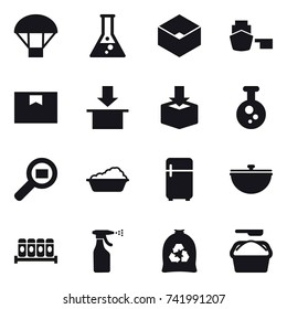 16 vector icon set : parachute, flask, box, washing, fridge, cauldron, sprayer, garbage bag, washing powder