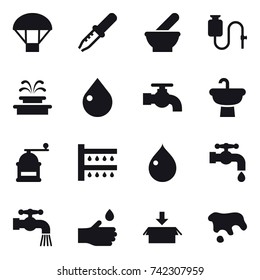 16 vector icon set : parachute, fountain, drop, water tap, hand mill, watering, hand drop, package, spot