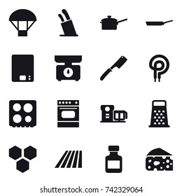 16 vector icon set : parachute, stands for knives, saute pan, pan, kitchen scales, chef knife, honeycombs, field, pills bottle, cheese