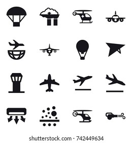 16 vector icon set : parachute, factory filter, plane, air ballon, deltaplane, airport tower, airplane, departure, arrival, air conditioning, blower