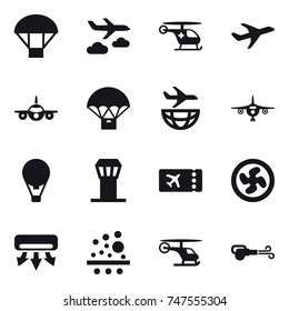 16 vector icon set : parachute, journey, plane, air ballon, airport tower, ticket, cooler fan, air conditioning, blower