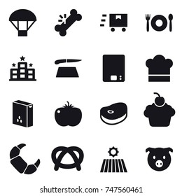 16 vector icon set : parachute, cafe, hotel, cutting board, kitchen scales, cook hat, field, pig