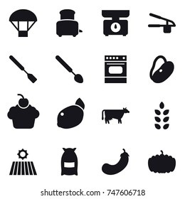 16 vector icon set : parachute, toaster, kitchen scales, garlic clasp, spatula, big spoon, cow, spikelets, field, flour, eggplant, pumpkin