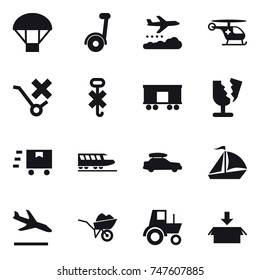 16 vector icon set : parachute, segway, weather management, train, car baggage, sail boat, arrival, wheelbarrow, tractor, package
