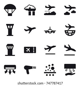 16 vector icon set : parachute, factory filter, weather management, journey, airport tower, ticket, departure, arrival, air conditioning, hair dryer, hand dryer