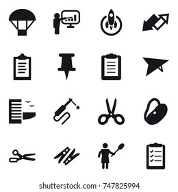 16 vector icon set : parachute, presentation, rocket, up down arrow, clipboard, deltaplane, hotel, scissors, clothespin, woman with pipidaster, clipboard list