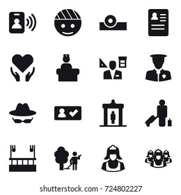 16 vector icon set : pass card, architector, check in, detector, passenger, skyscapers cleaning, garden cleaning, cleaner, outsource