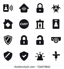 16 vector icon set : pass card, wireless home, lock, smart house, detector, identity card, shield, locked, unlocked, surveillance camera, scarecrow