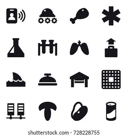 16 vector icon set : pass card, lunar rover, chicken leg, baggage, shark flipper, service bell, garage, cleanser powder