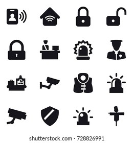 16 vector icon set : pass card, wireless home, lock, unlock, baggage checking, surveillance, life vest, alarm, scarecrow