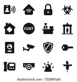 16 vector icon set : pass card, wireless home, lock, smart house, detector, passport, surveillance, shield, key, intercome, surveillance camera, scarecrow