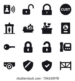 16 vector icon set : pass card, unlock, lock, detector, baggage checking, inspector, passport, key, locked, unlocked, intercome, surveillance camera, farm fence