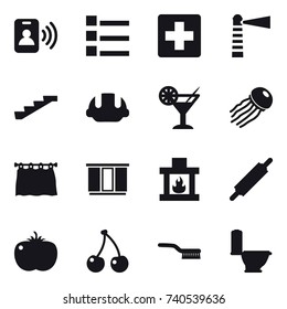 16 vector icon set : pass card, list, lighthouse, stairs, building helmet, cocktail, jellyfish, curtain, wardrobe, fireplace, rolling pin, cherry, brush, toilet