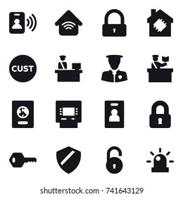 16 vector icon set : pass card, wireless home, lock, smart house, inspector, passport, atm, identity card, locked, key
