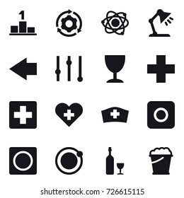 16 vector icon set : pedestal, around gear, atom, table lamp, left arrow, equalizer, wineglass, ring button, wine, foam bucket