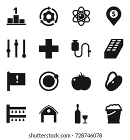 16 vector icon set : pedestal, around gear, atom, dollar pin, equalizer, brick, watering, barn, wine, foam bucket