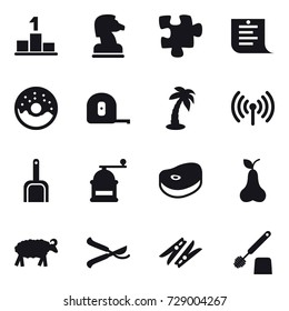 16 vector icon set : pedestal, chess horse, puzzle, shopping list, donut, measuring tape, palm, wireless, scoop, hand mill, pear, sheep, pruner, clothespin, toilet brush