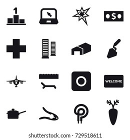 16 vector icon set : pedestal, notebook, bang, money, skyscrapers, warehouse, construction, plane, lounger, ring button, welcome mat, saute pan, walnut crack