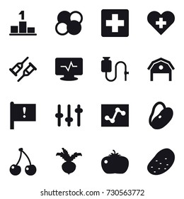16 vector icon set : pedestal, atom core, barn, cherry, beet, tomato, potato