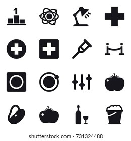 16 vector icon set : pedestal, atom, table lamp, vip fence, ring button, tomato, wine, foam bucket