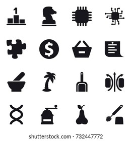 16 vector icon set : pedestal, chess horse, chip, puzzle, dollar coin, basket, shopping list, palm, scoop, hand mill, pear, toilet brush