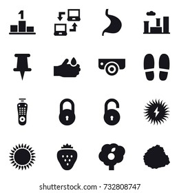 16 vector icon set : pedestal, notebook connect, city, surveillance camera, slippers, strawberry, garden, pile of garbage