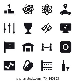 16 vector icon set : pedestal, atom, car pointer, equalizer, wineglass, vip fence, ring button, watering, wine