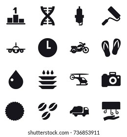 16 vector icon set : pedestal, dna, spark plug, repair, motorcycle, flip-flops, drop, plate washing, coffee seeds, trash truck, hand dryer