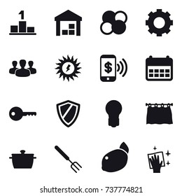 16 vector icon set : pedestal, warehouse, atom core, gear, group, sun power, phone pay, key, shield, bulb, curtain, pan, big fork, wiping