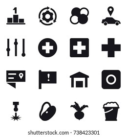 16 vector icon set : pedestal, around gear, atom core, car pointer, equalizer, ring button, beet, foam bucket