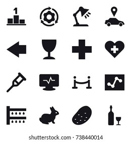 16 vector icon set : pedestal, around gear, table lamp, car pointer, left arrow, wineglass, vip fence, watering, rabbit, potato, wine