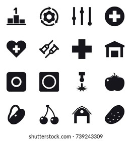16 vector icon set : pedestal, around gear, equalizer, ring button, cherry, barn, potato