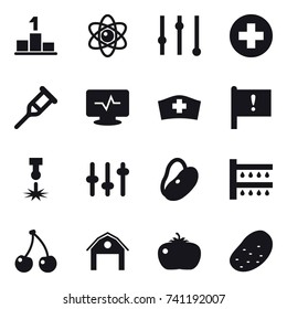 16 vector icon set : pedestal, atom, equalizer, watering, cherry, barn, tomato, potato