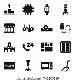 16 vector icon set : pedestal, chip, smartwatch, dna modify, market, sale, fort, power switch, welcome mat, scoop