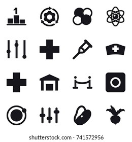 16 vector icon set : pedestal, around gear, atom core, atom, equalizer, vip fence, ring button, beet