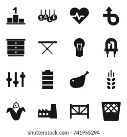 16 vector icon set : pedestal, sale, chest of drawers, iron board, spikelets, corn, factory, farm fence, trash bin