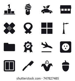 16 vector icon set : pedestal, bulb, eco car, market, window, outdoor light, arrival, power socket, power switch, chef knife, corn, acorn