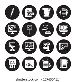 16 vector icon set : Pen, Notes, Online, Online class, online coaching, Notebook, Paleontology, learning, test isolated on black background