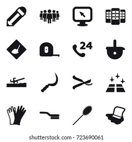 16 vector icon set : pencil, team, monitor arrow, server, under construction, measuring tape, soil cutter, sickle, pruner, clean floor, gloves, brush, duster, floor washing
